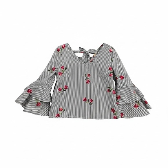 Girl Evolution Tops - Girl Evolution Striped Embroidered Bell Sleeve Blouse Women's Small Tie Back Top